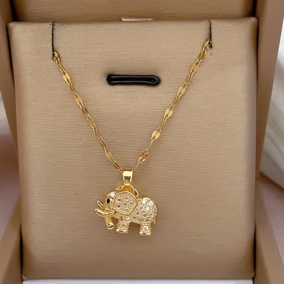 Jewelry - Necklace, NWT, Stainless Steel In Goldtone With Rhinestone Elephant, Super Nice!